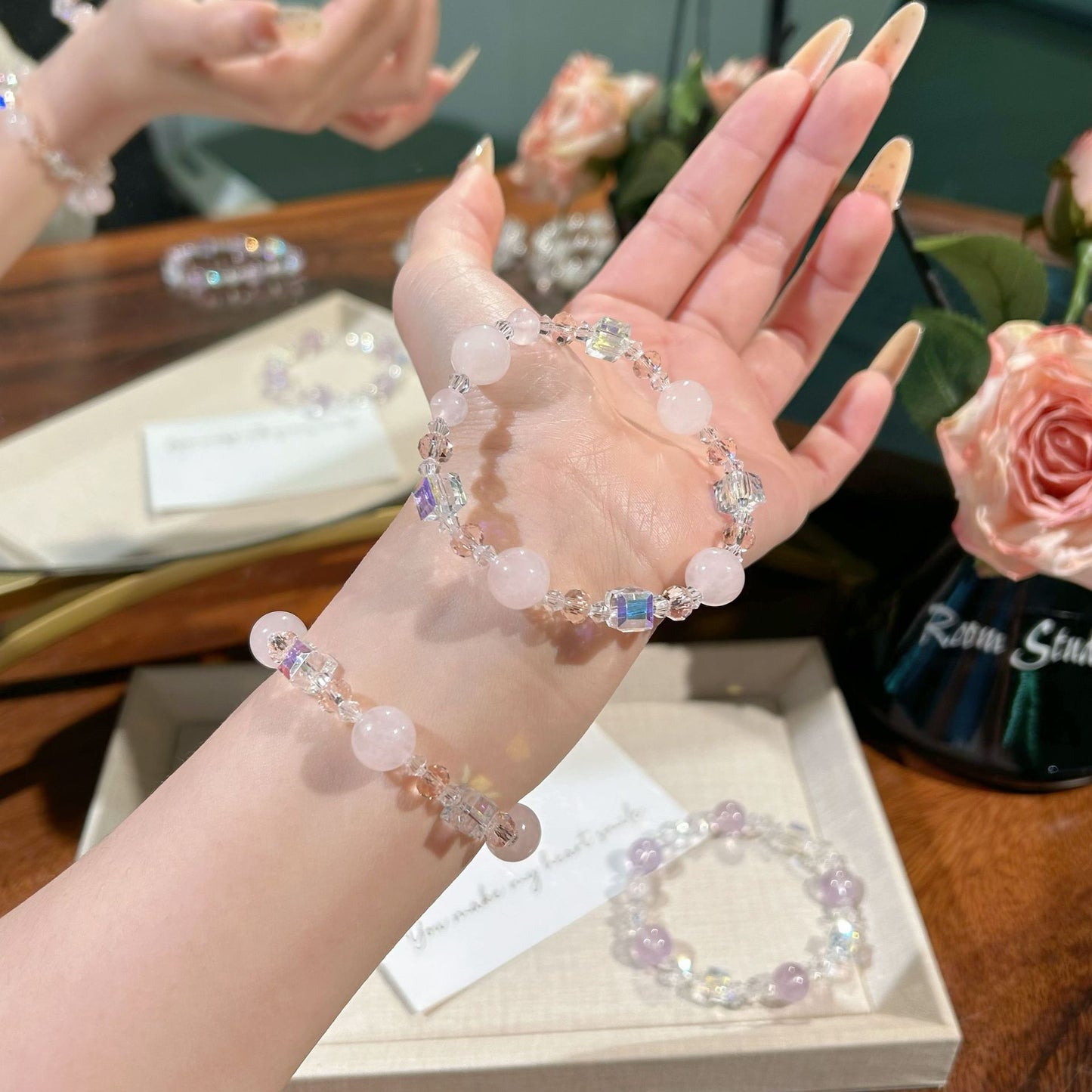 Natural Moonstone Pink Crystal Diamond In The Debris Atmosphere Summer Bracelets