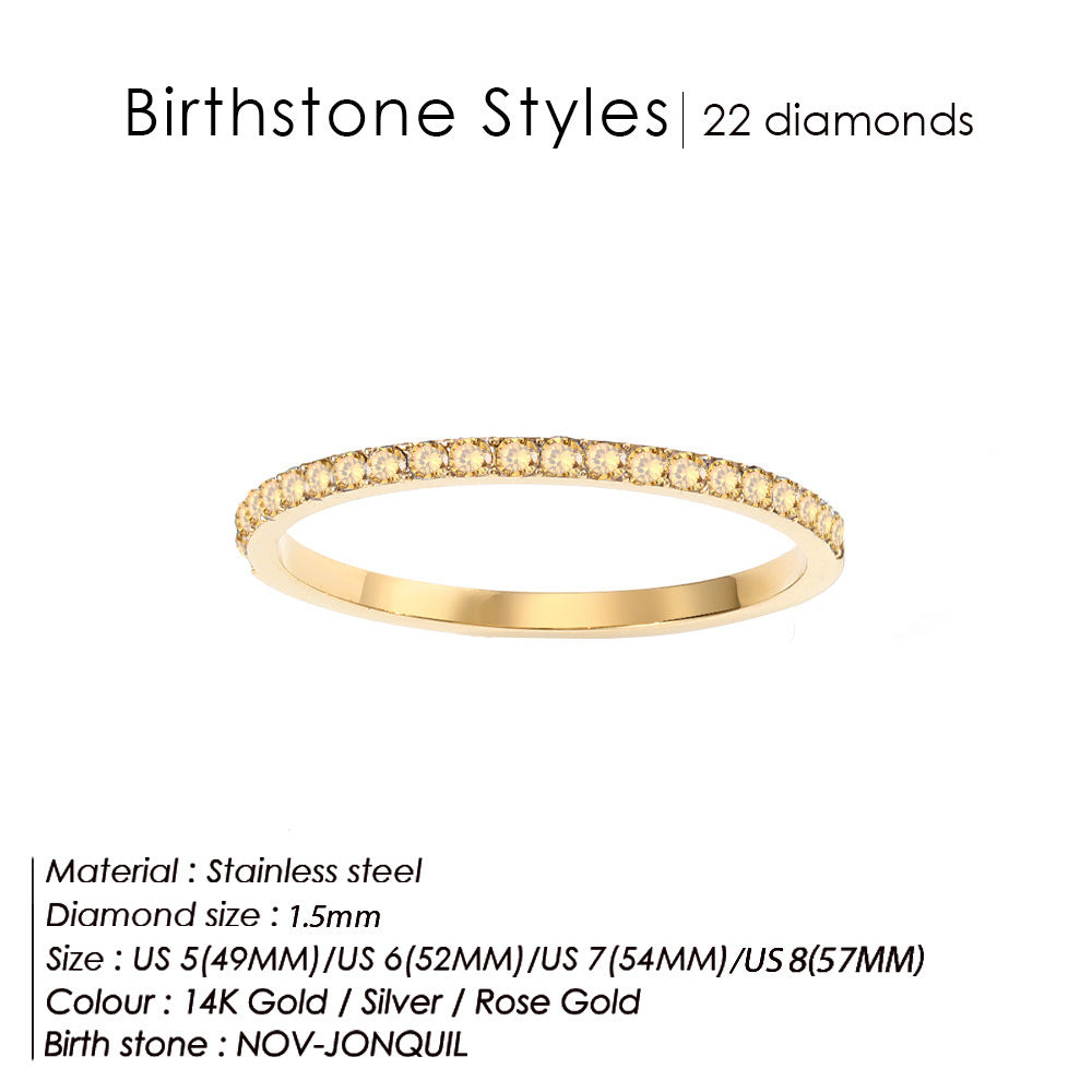 Full Diamond Stainless Steel Birthstones Zircon Ring