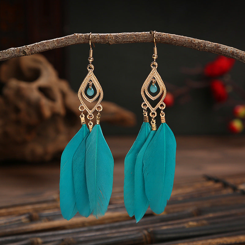 Women's Diamond Alloy Bead Tassel Feather Colorful Earrings