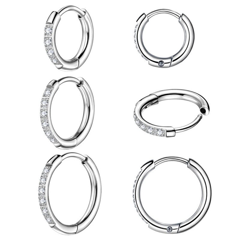 Stainless Steel Ring-shaped Zircon Titanium Inlaid Ear Clip Earrings