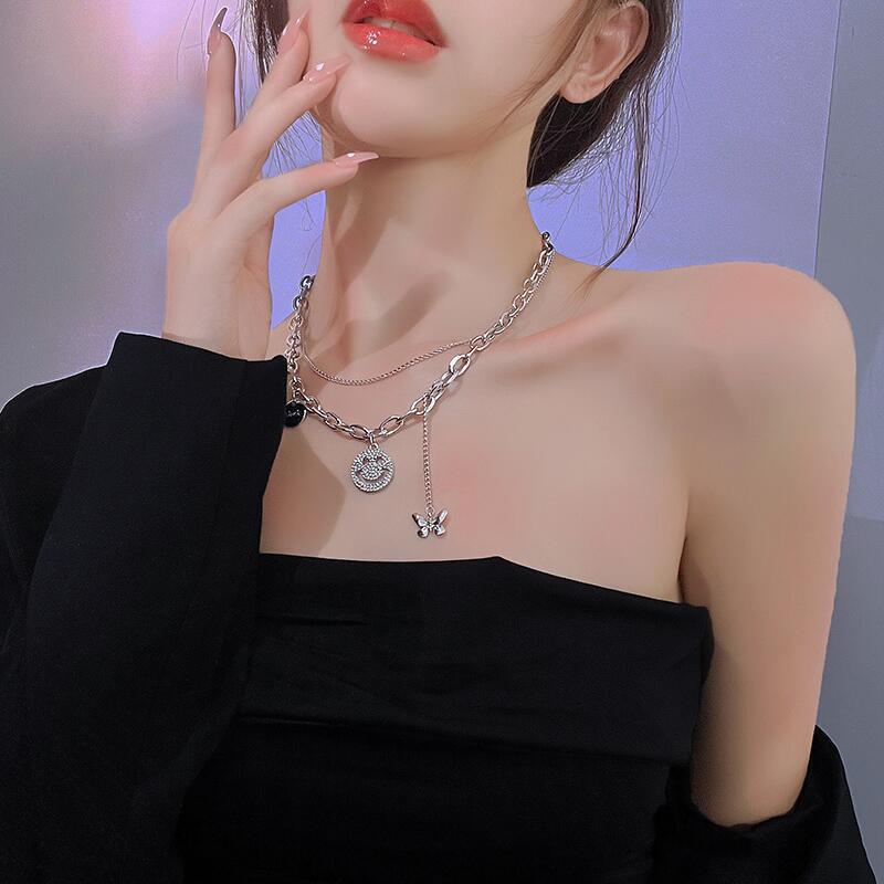 Rhinestone Smiley Butterfly Female Fashion Clavicle Chain Niche Double Necklaces