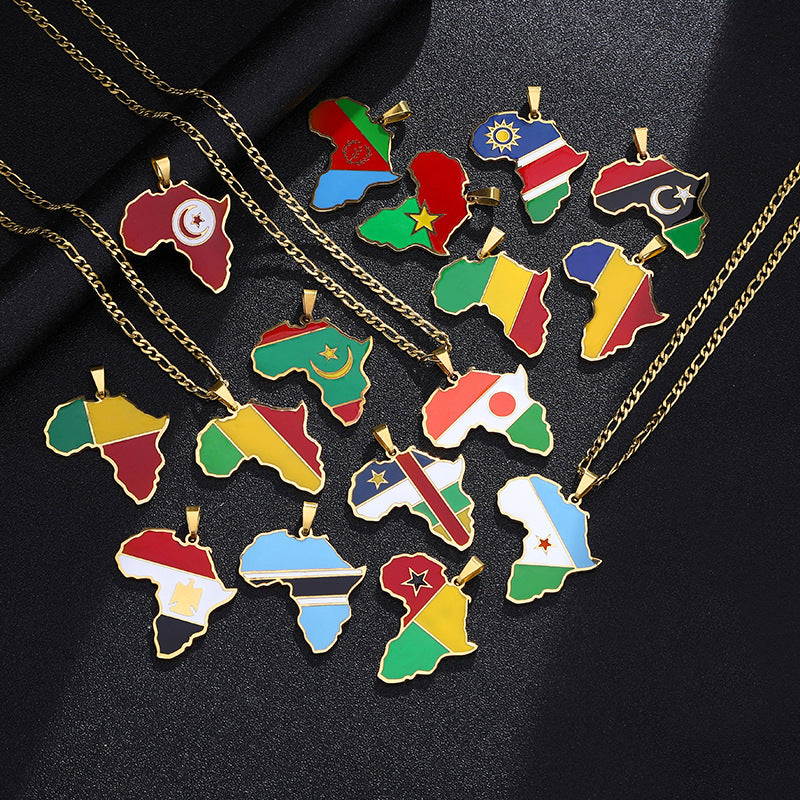 African Drip Oil Stainless Steel Map Geometric Necklace