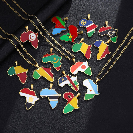 African Drip Oil Stainless Steel Map Geometric Necklace