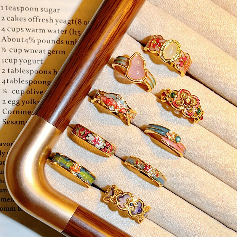 Chinese Style Sealing Enamel Drop Oil Gourd Flower Open National Ring