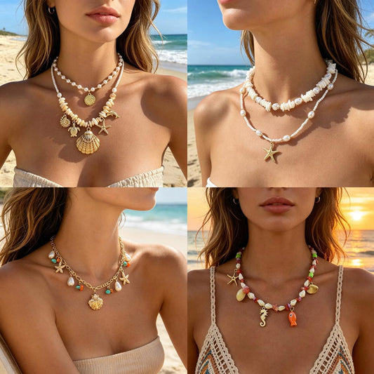 Shell Beach Vacation Style Beaded Gravel Twin Necklaces