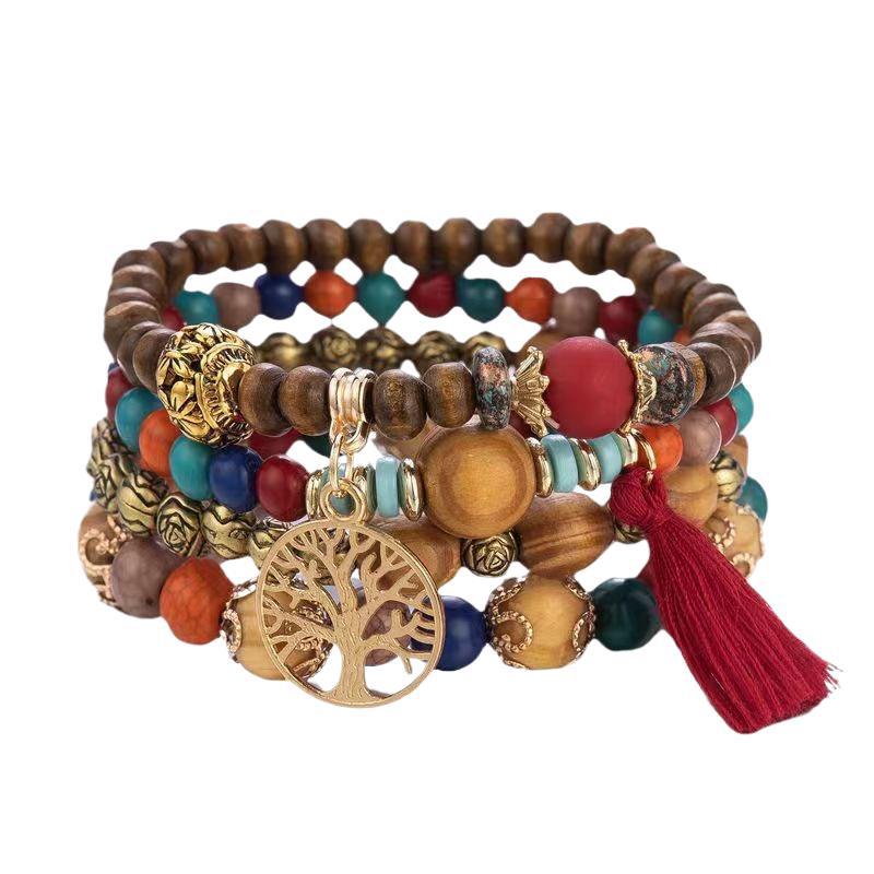 Bohemian Style Wooden Bead Beaded Elastic Bracelets