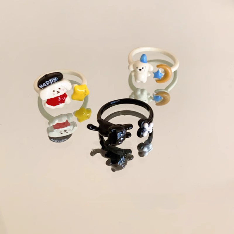 Cute Puppy Drip Glazed Female Niche Design Rings