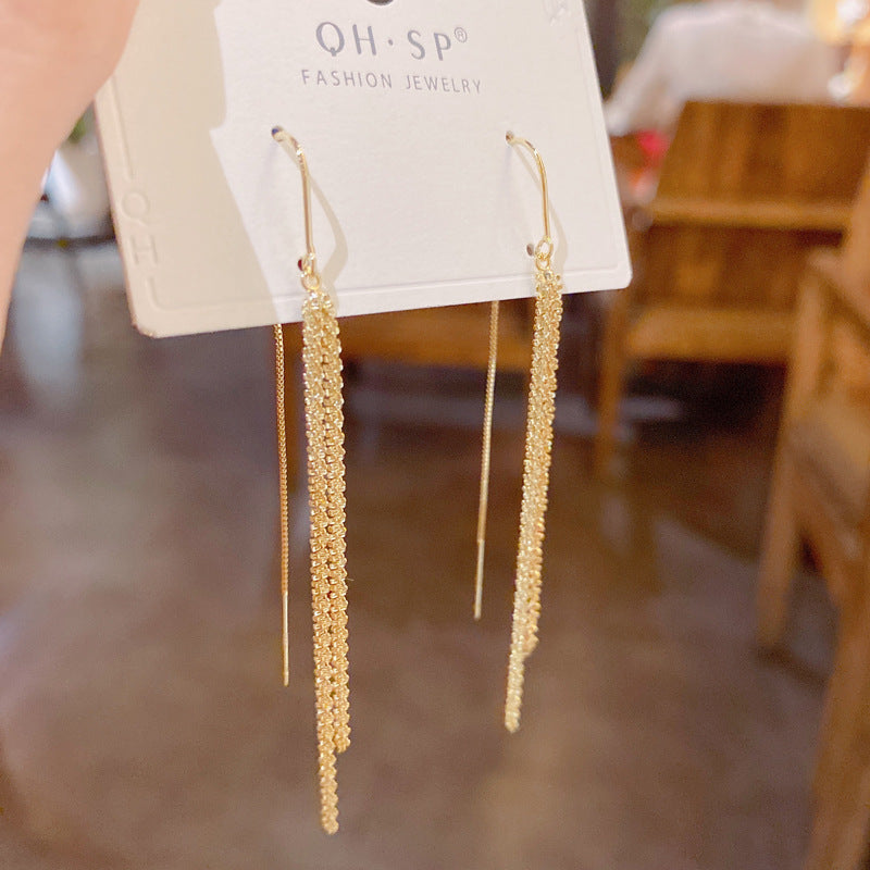 Women's Graceful Fashionable Metal Sense Long Fringed Thread Exquisite Slimming Earrings