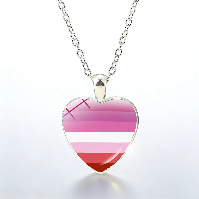 Multicolor Peach Heart Rainbow Pattern Time Gem Cabochon Necklaces