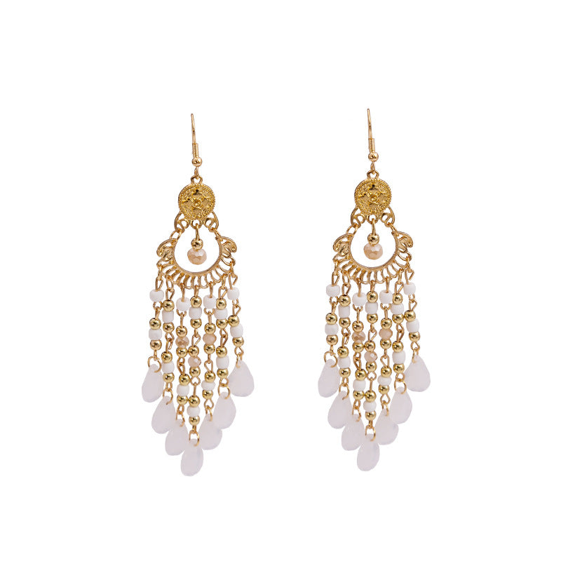 Bead Retro Ethnic Style Colorful Water Drop Tassel Hollow Earrings