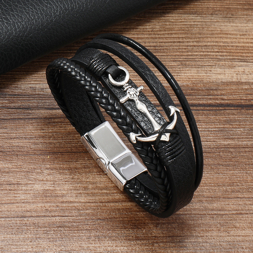 Men's Fashion Trend Woven Leather Alloy Boat Bracelets