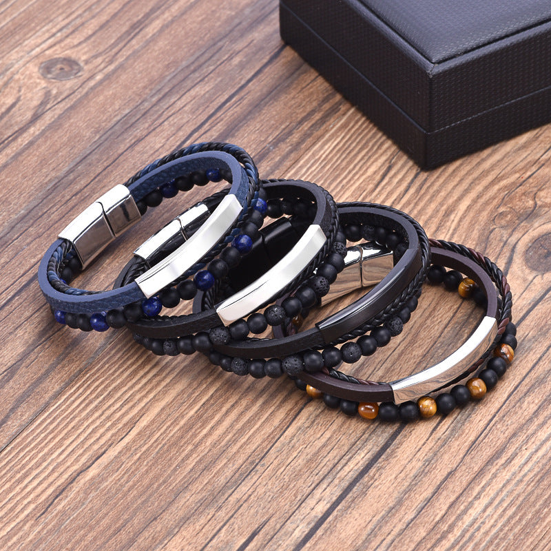 Men's Volcanic Rock Stainless Steel Cattle Leather Bracelets