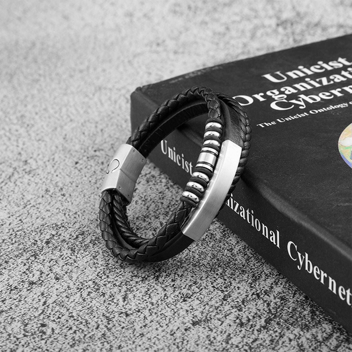 Men's Woven Stainless Steel Magnetic Buckle Leather Bracelet