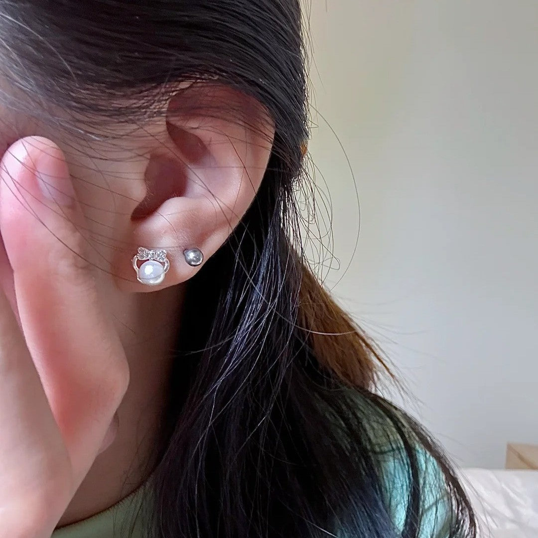 Sweet Bow Female Niche Minnie Shape Freshwater Pearl Temperament Earrings