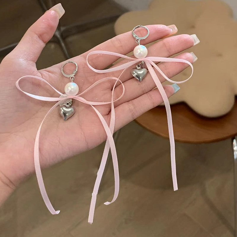 Niche Style Ribbon Bowknot Love Pink White Earrings