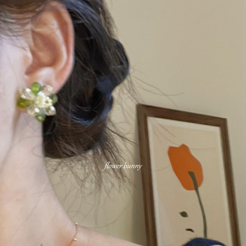 Tea Under The Moon Handmade Beaded Green Crystal Glass Ear Earrings