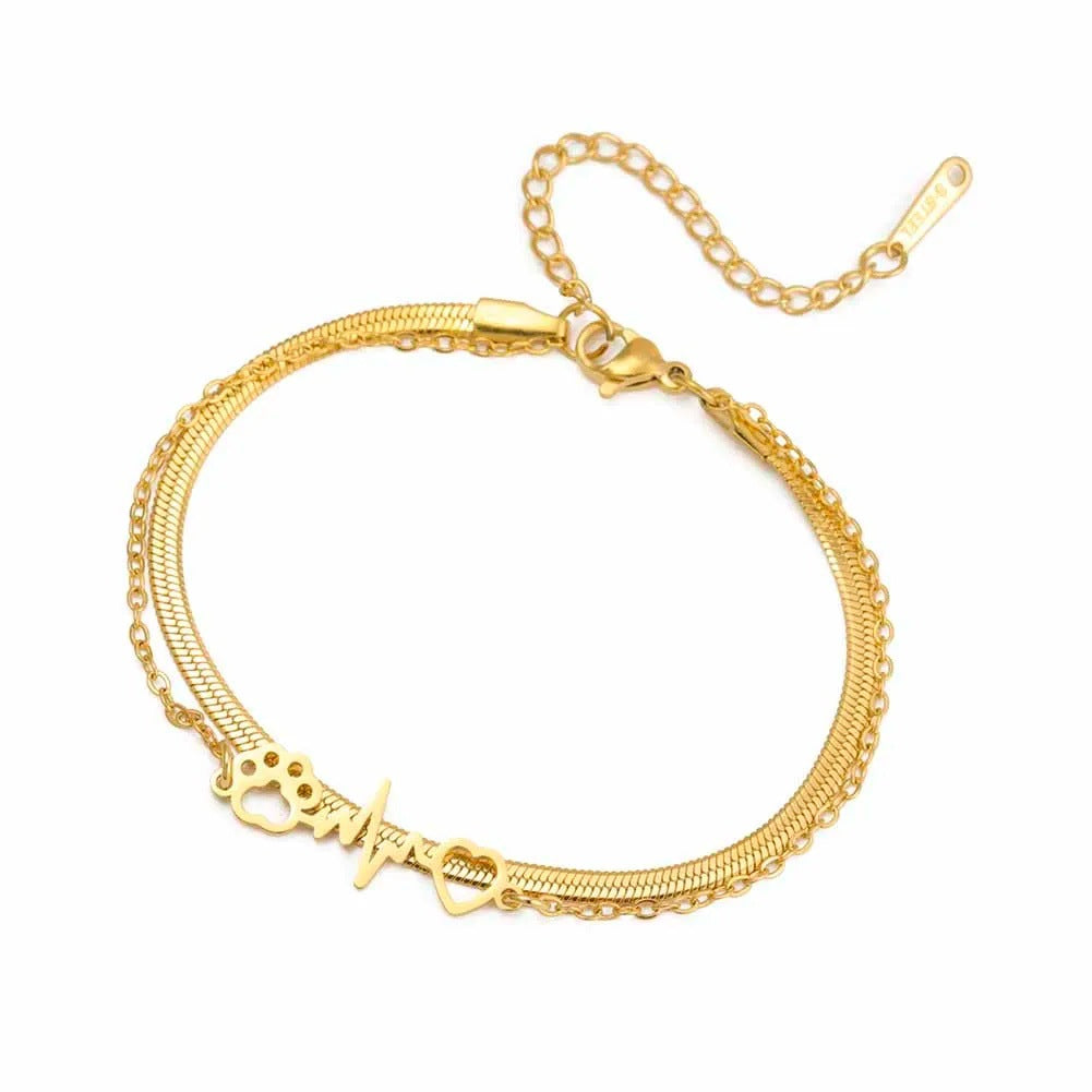 Women's Heart Cat's Paw Charm Stainless Steel Wax Bracelet