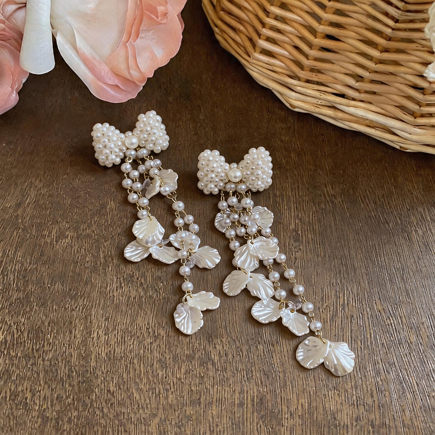 Needle Pearl Bow Zircon Petal Fringe Exaggerated Personalized Elegant Earrings