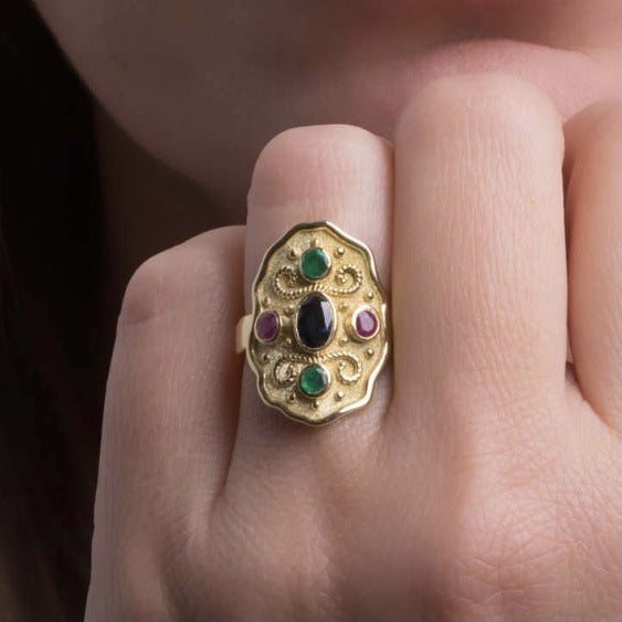 Gold-plated Retro Unisex Accessories Inlaid Color Rings