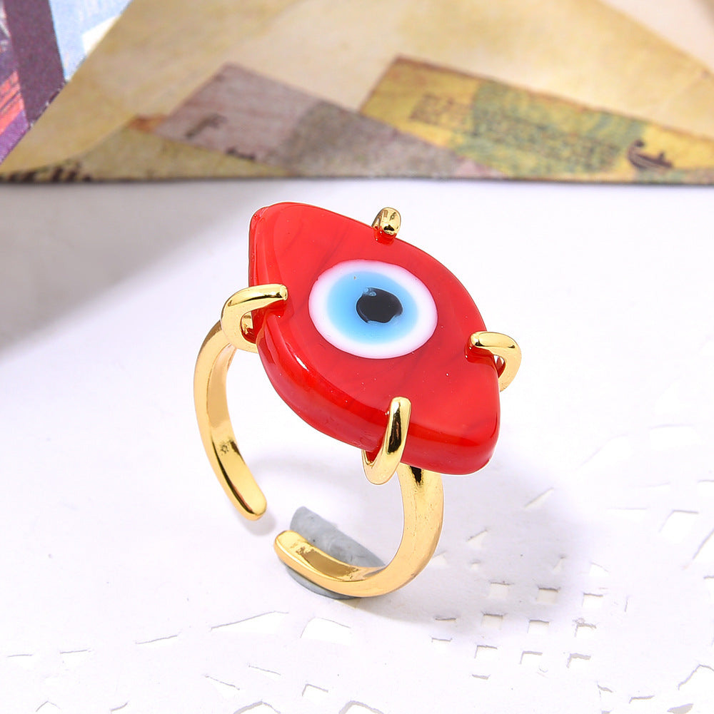 Women's Handmade Gold Copper Inlaid Glass Eyes Open-end For Bohemian Adjustable Ring