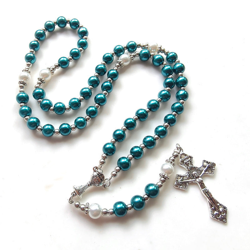 Glass Pearl Handmade Beaded Cross Long Necklaces