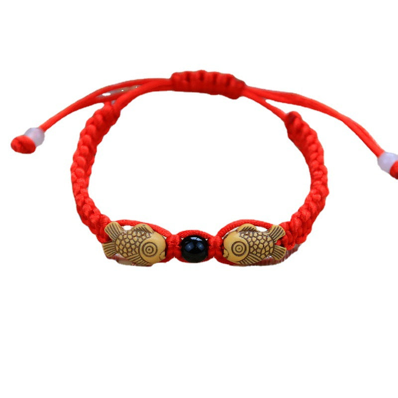 Women's & Men's Moon Peach Pit Woven Hand Strap Small Fish Red Rope Bracelet