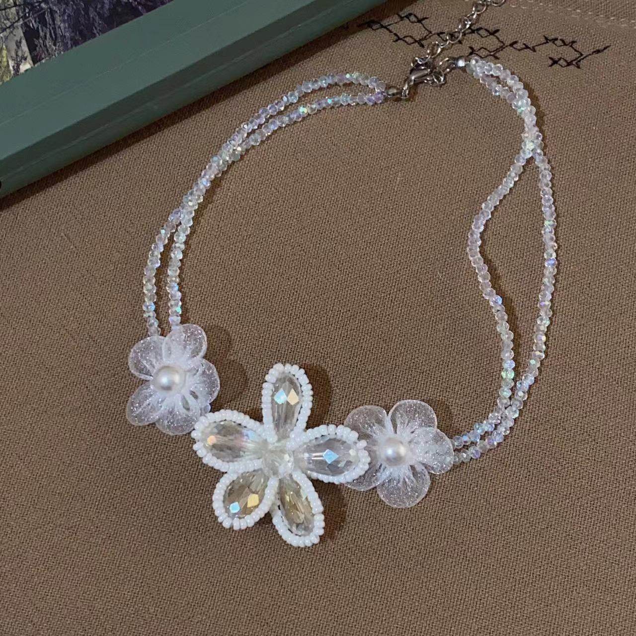Romantic Purple Flower Pearl Long Twin Necklace