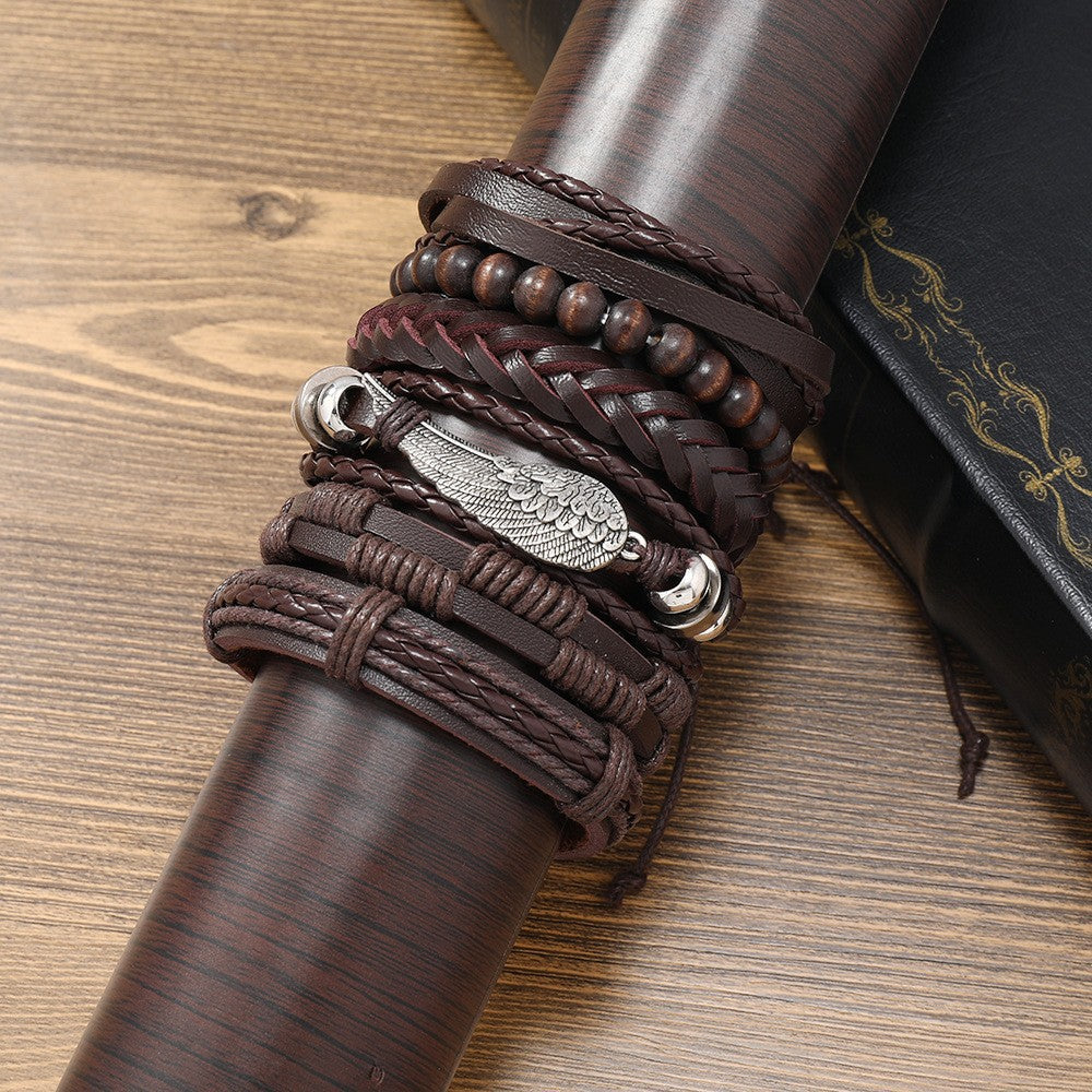 Men's Combination Vintage Leather Carrying Strap Wings Alloy Bracelets