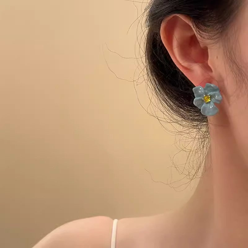 Vacation Dripping Oil Blue Flower Female Niche Vintage Earrings