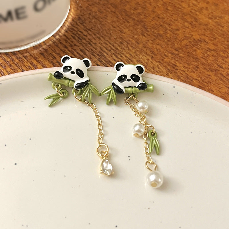 Women's Needle Cute Fashion National Bamboo Panda Personality Pearl Earrings