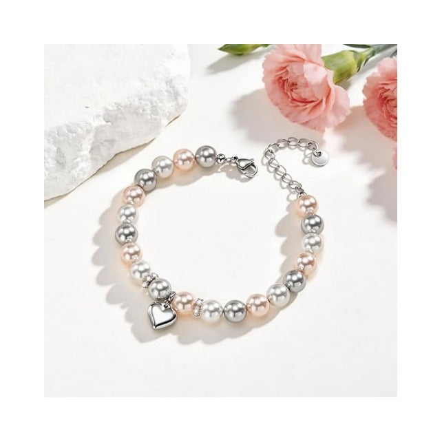 Women's Imitation Pearl Stainless Steel Love Beaded Adjustable Mother's Day Bracelet