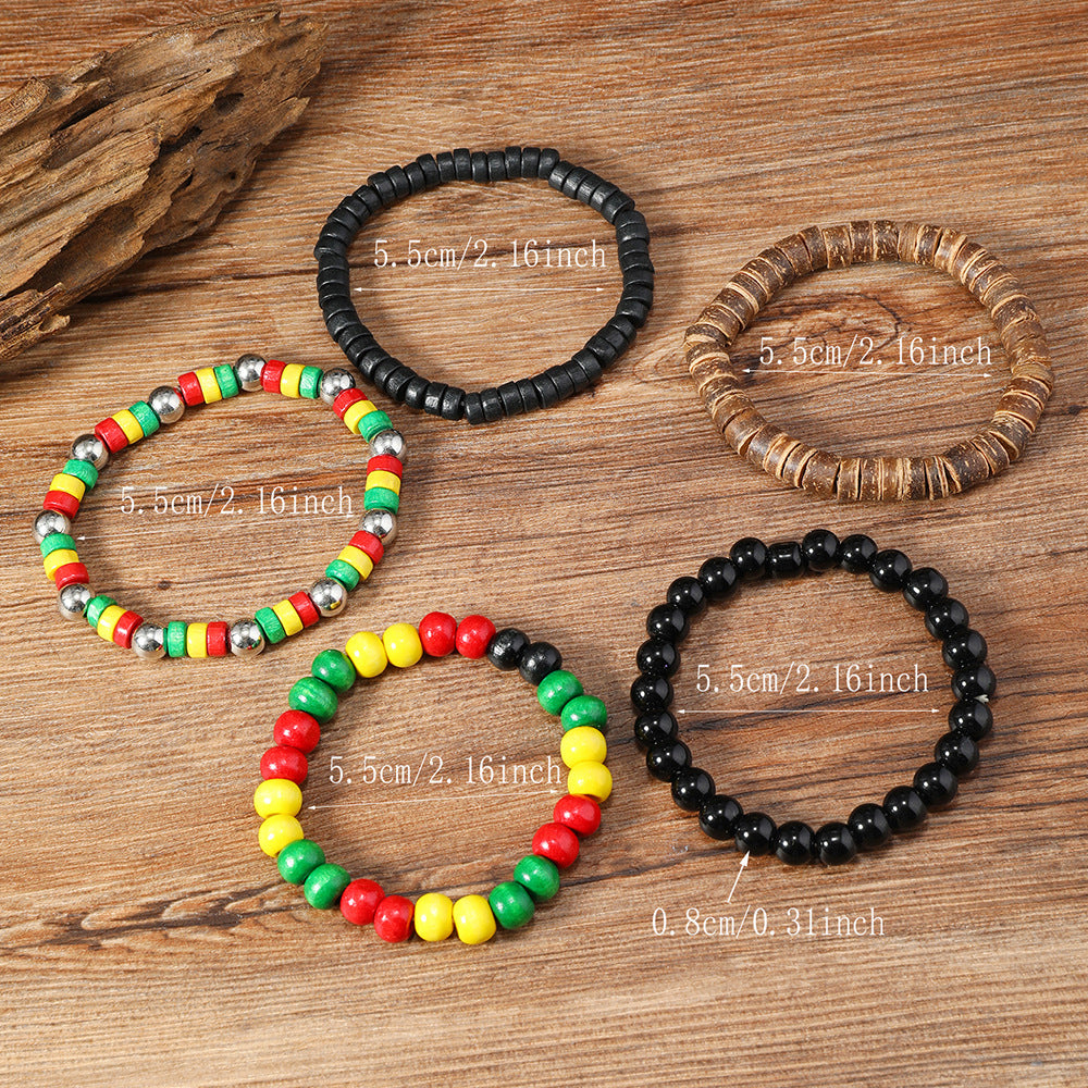 Yellow Green Classic Color Matching Wooden Bead Coconut Shell Elastic Bracelet