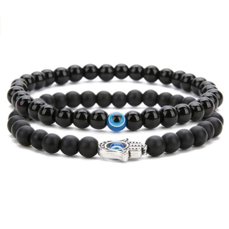 Vintage Blue Devil Eye Elastic String Volcanic Rock Beaded Adjustable Bracelet