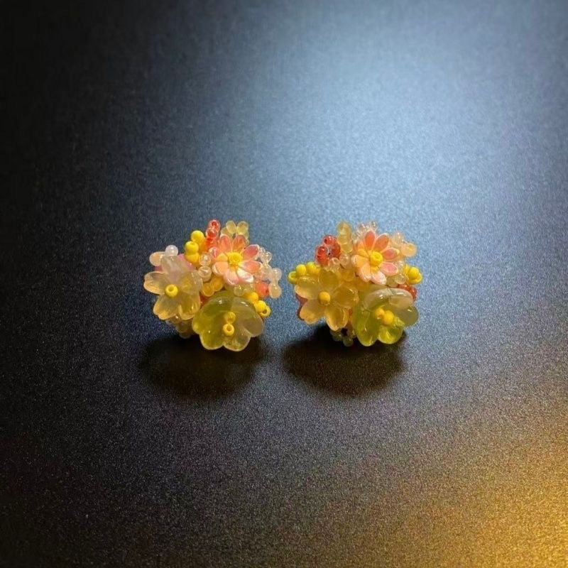 Vintage Pink Geometric Sweet Flowers Ear Stud Earrings