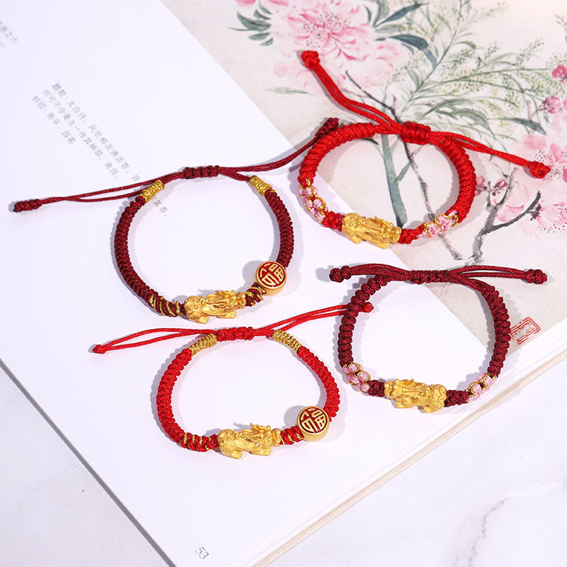 Women's Drawing Pi Alluvial Gold Plated Red Rope Jewelry Bracelets