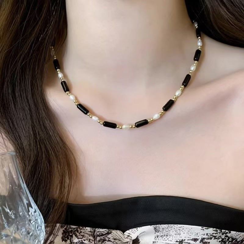 Women's Grain Imitation Pearl Long Black Crystal Light Luxury Cold Style Necklace