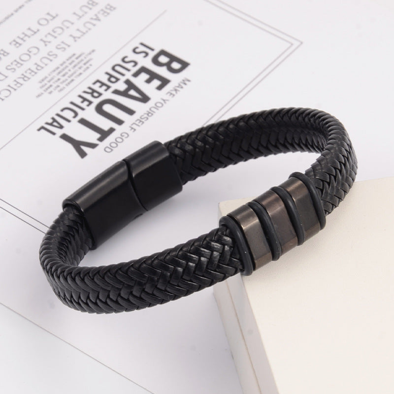 Men's Wristband Business Stainless Steel Leather Retro Style Bracelets