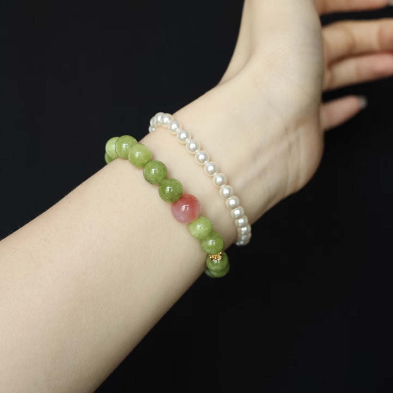 Green Olive Stone With White Crystal Pink Beaded Chinese Style Bracelet