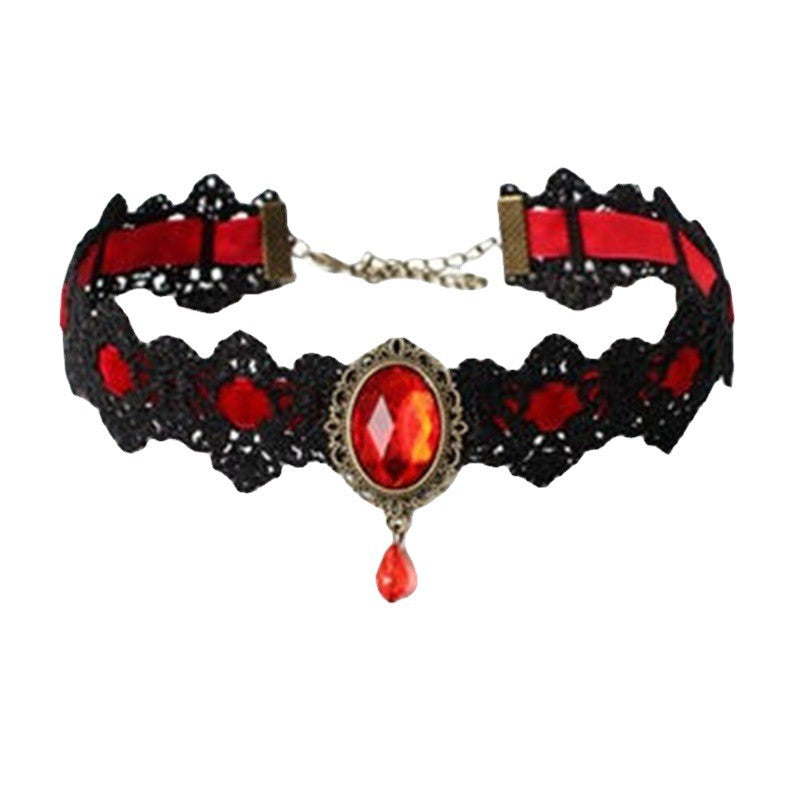 Lace Gothic Choker Rhinestone Black Halloween Necklace