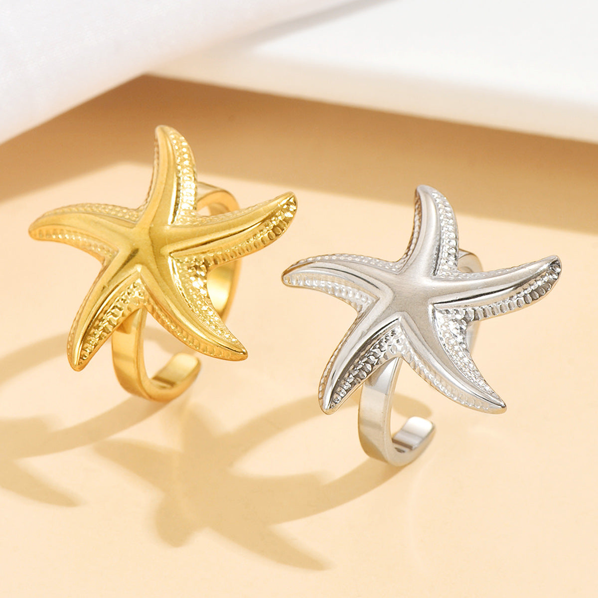 Fashion Stainless Steel Fresh Casual Vacation Style Stereo Starfish Ring