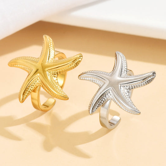 Fashion Stainless Steel Fresh Casual Vacation Style Stereo Starfish Ring