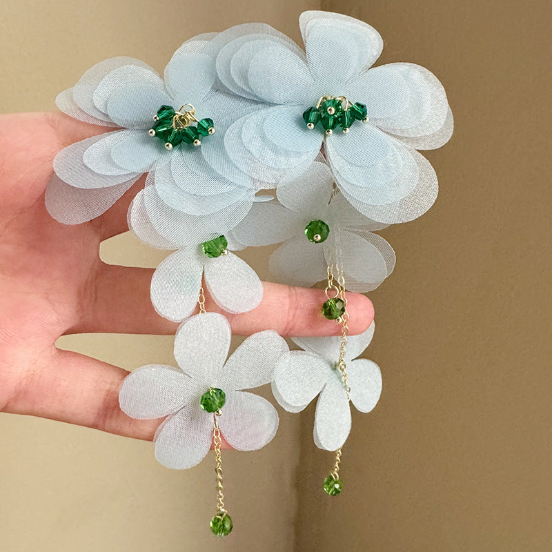High-grade Tulle Flower Beaded Petals Tassel Long Exquisite Beautiful Temperament Earrings