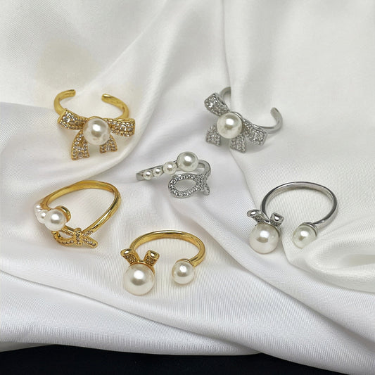 Sweet Cool Bow Open-end Pearl Female Korean Rabbit Rings