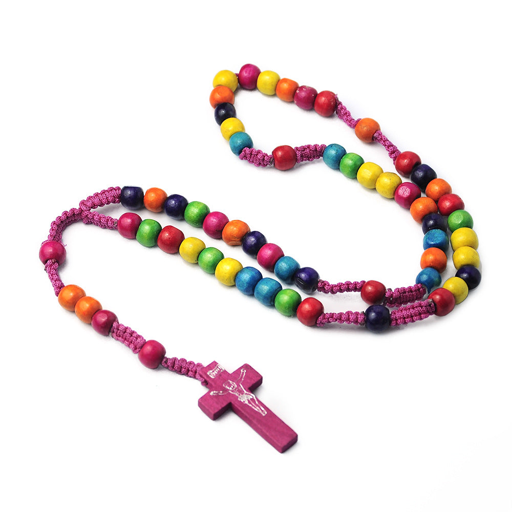 Colorful Wooden Bead Church Beads Cross Necklaces