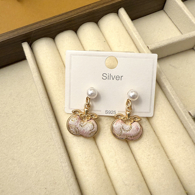 Style Song Dynasty Brocade Lucky Persimmon Sier Needle Ancient Auricular Earrings