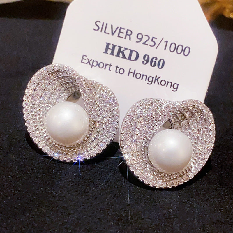 Sier Needle Zircon Irregular Round Pearl Light Luxury High-grade Refined Earrings