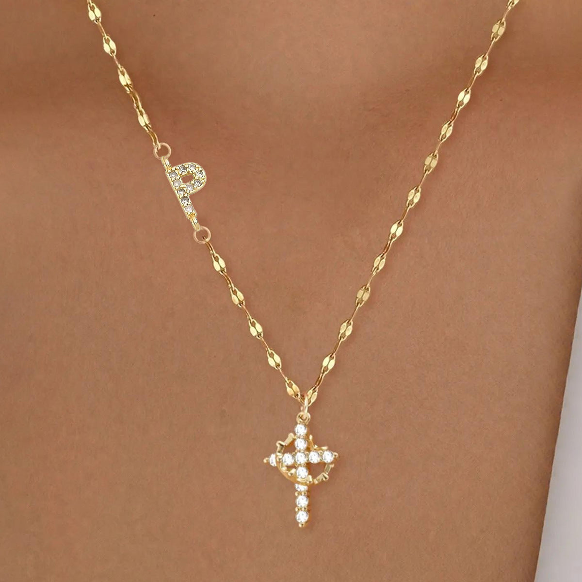 Full Diamond Rotatable Crown Cross With Letters Gold-plated Necklace