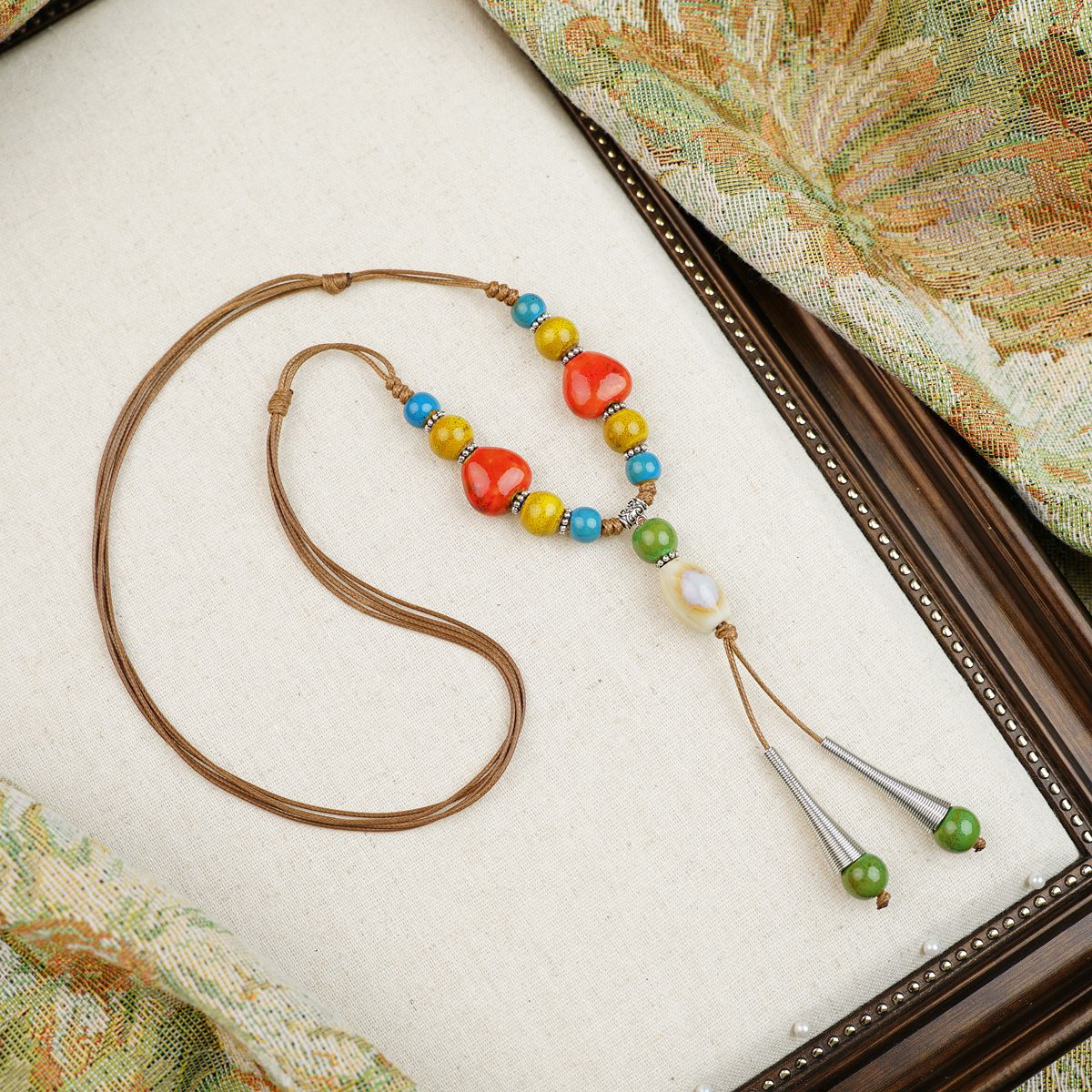 Colorful Beaded Ceramic Butterfly Braided Rope Chinese Ethnic Retro Light Necklaces