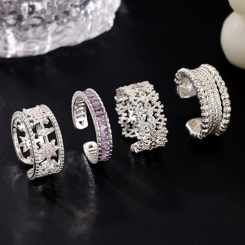 Sier Light Luxury High Sense Design Open Adjustable Zircon Ring