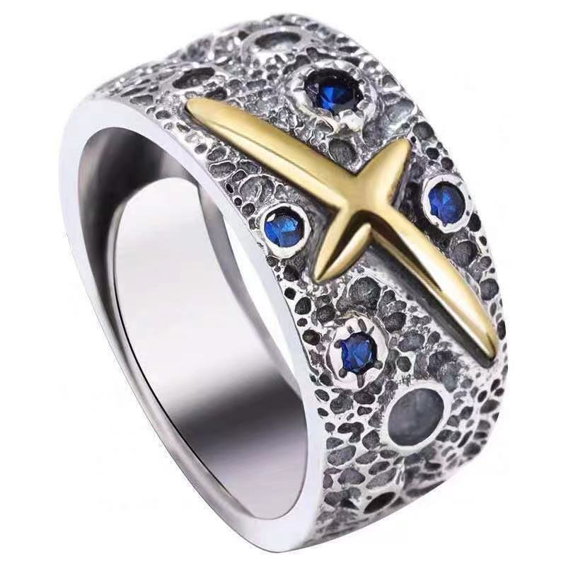 Cross Star Inlaid Blue Zirconium Open Starry Male Ring